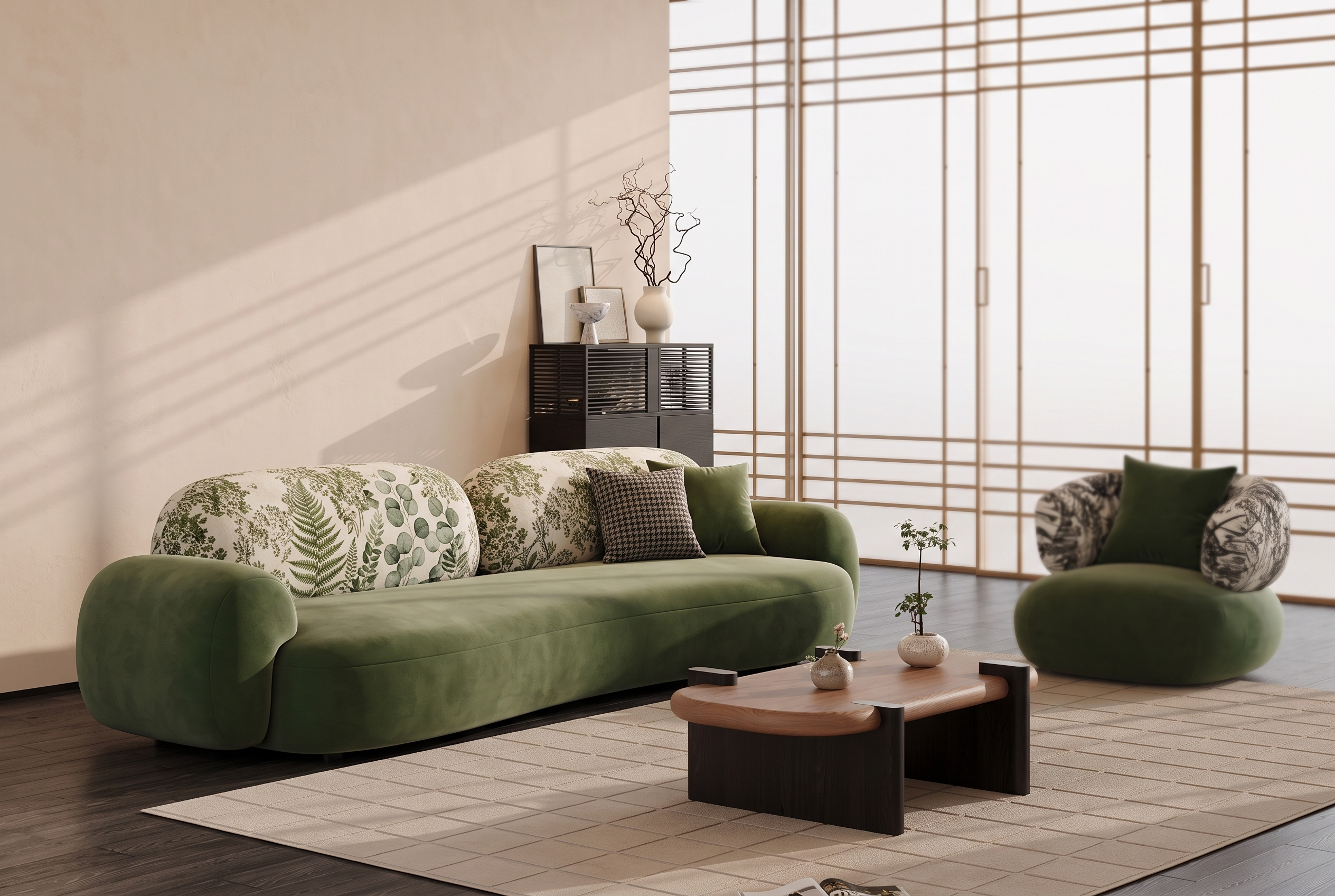 The Basalt Sofa, colour olive velvet