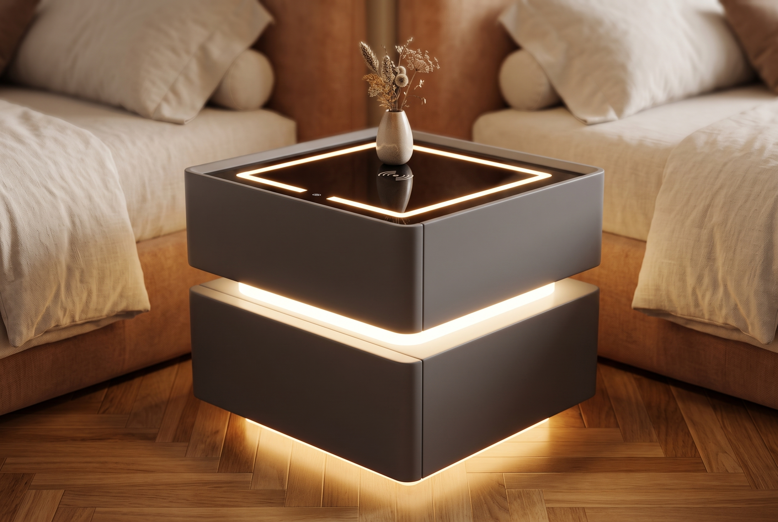 The Aura Nightstand, hero bedroom charcoal