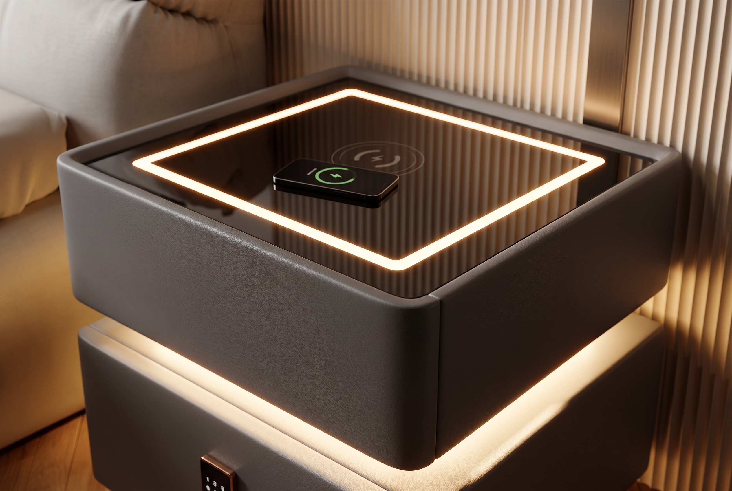 The Aura Nightstand, top detail led charging