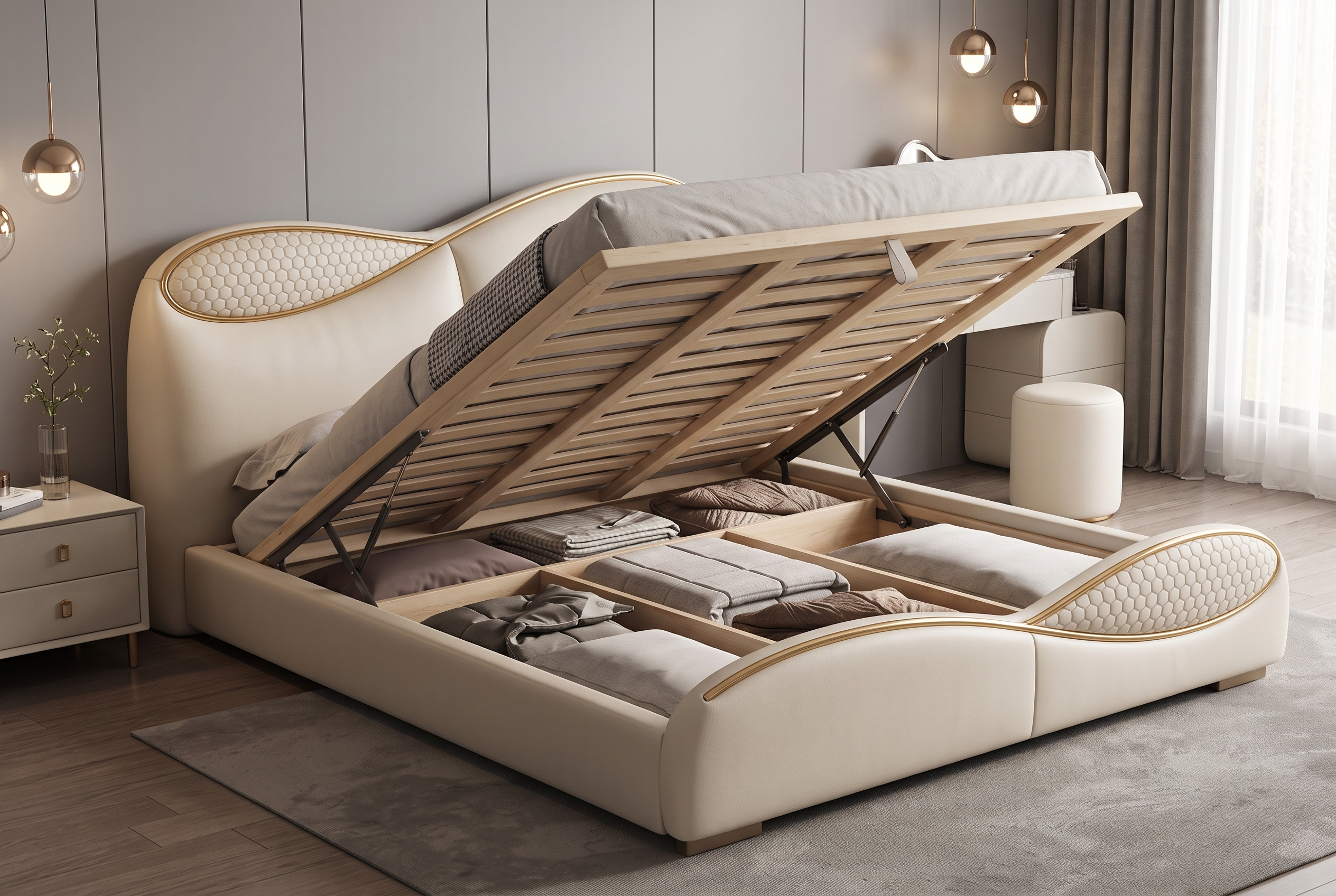 The Zephyr Bed, gas lift storage open