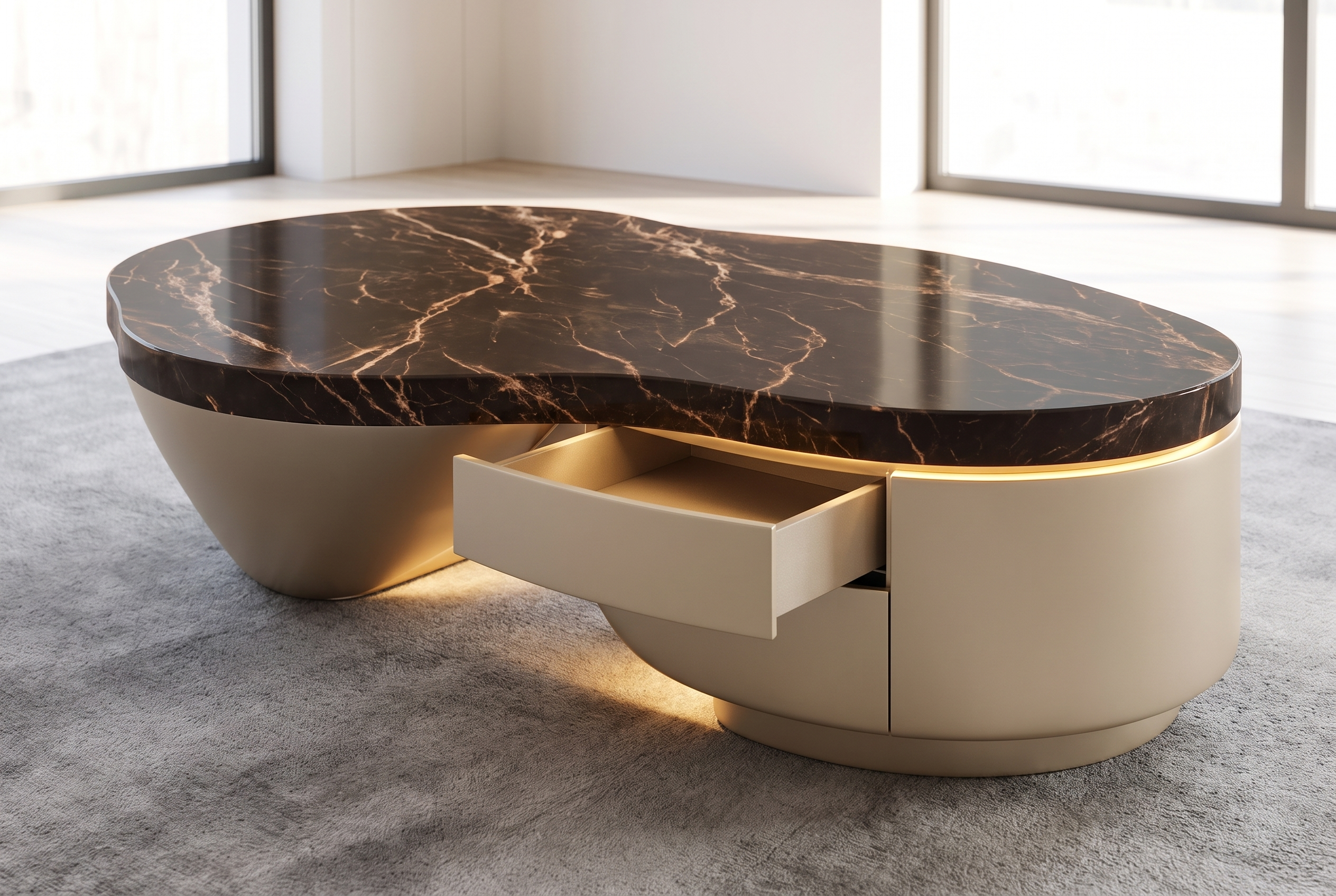 The Confluence Coffee Table, drawer open feature